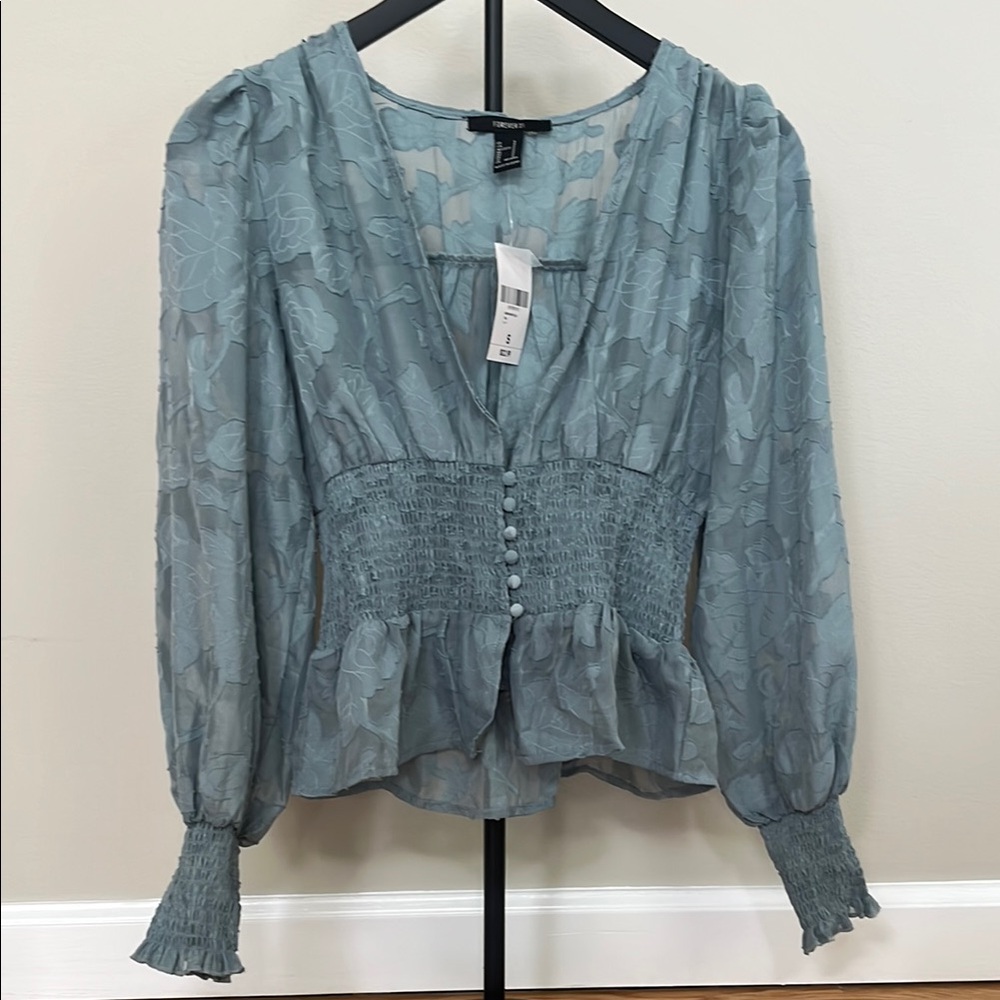 Forever 21 Blue Smocked Long Sleeve Blouse